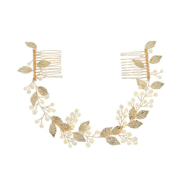 Handmade Pearl And Golden Leaf Bridal Hair Comb For Women Electroplated Wedding Headwear