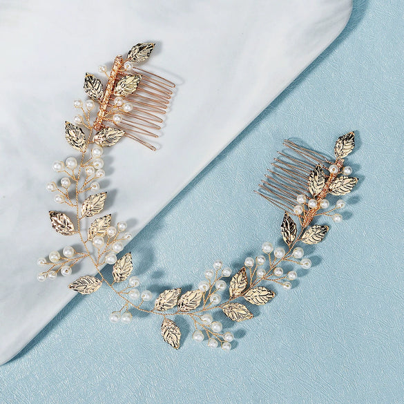 Handmade Pearl And Golden Leaf Bridal Hair Comb For Women Electroplated Wedding Headwear