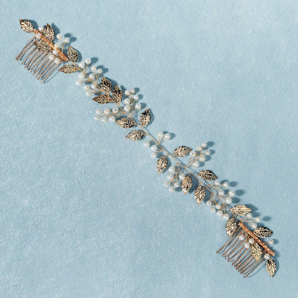 Handmade Pearl And Golden Leaf Bridal Hair Comb For Women Electroplated Wedding Headwear