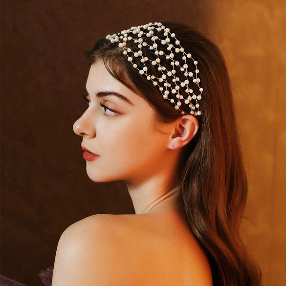 Handmade Pearl Beaded Bridal Crown Headband For Women Wedding Dress Hair Accessory