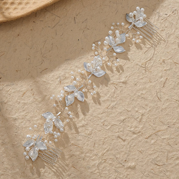 Handmade Pearl Bridal Hair Comb Pair With Leaf Design Rhombus Shape Simple Women's Bride Headdress Hair Accessories