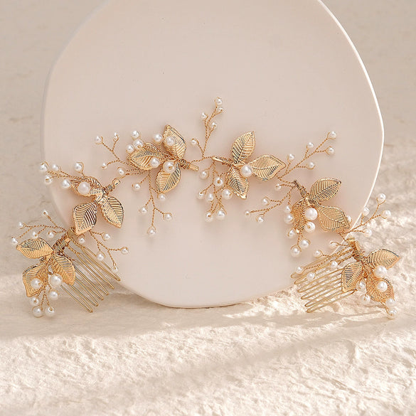 Handmade Pearl Bridal Hair Comb Pair With Leaf Design Rhombus Shape Simple Women's Bride Headdress Hair Accessories