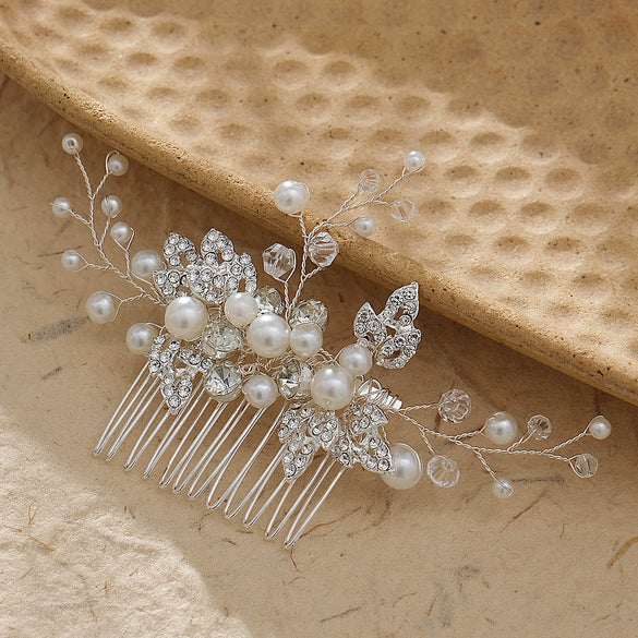Handmade Pearl Crystal Alloy Hair Comb Bridal Hair Accessory With Leaf Design For Wedding And Cheongsam Styling