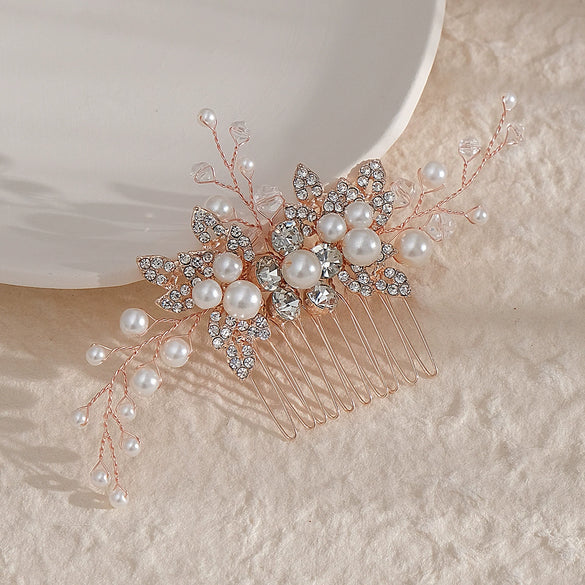 Handmade Pearl Crystal Alloy Hair Comb Bridal Hair Accessory With Leaf Design For Wedding And Cheongsam Styling