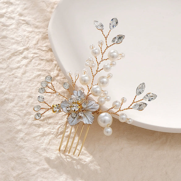 Handmade Pearl Hair Comb Alloy Rhinestone Flower Hair Accessory For Women And Children Electroplated Performance Headpiece