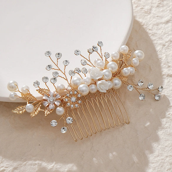 Handmade Pearl Rhinestone Alloy Flower Hair Comb Bridal Headdress Wedding Hair Accessory For Women