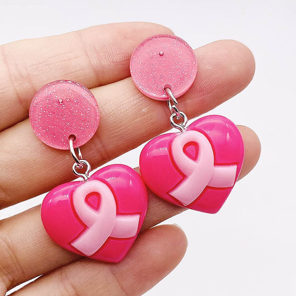 Handmade Pink Silk And Plastic Resin Heart Geometric Bow Earrings For Women