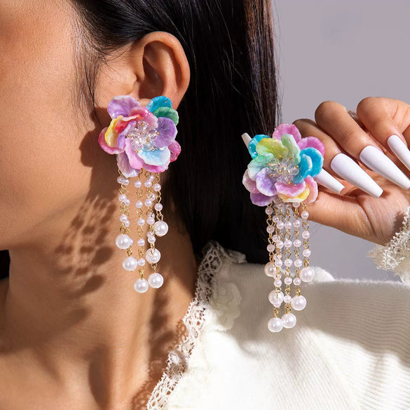 Handmade Plastic And Resin Flower Long Tassel Imitation Pearl Earrings For Women