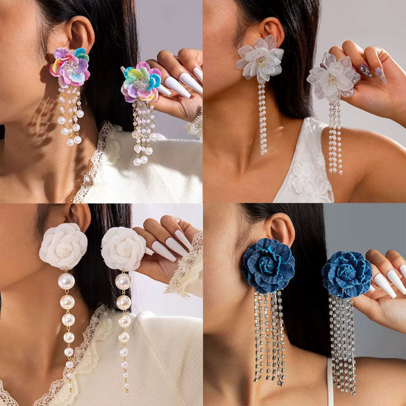 Handmade Plastic And Resin Flower Long Tassel Imitation Pearl Earrings For Women