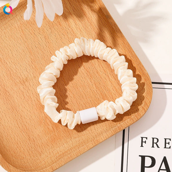 Handmade Pleated Fabric Scrunchie Ponytail Holder With Ball Detail For Women Solid Color Hair Tie