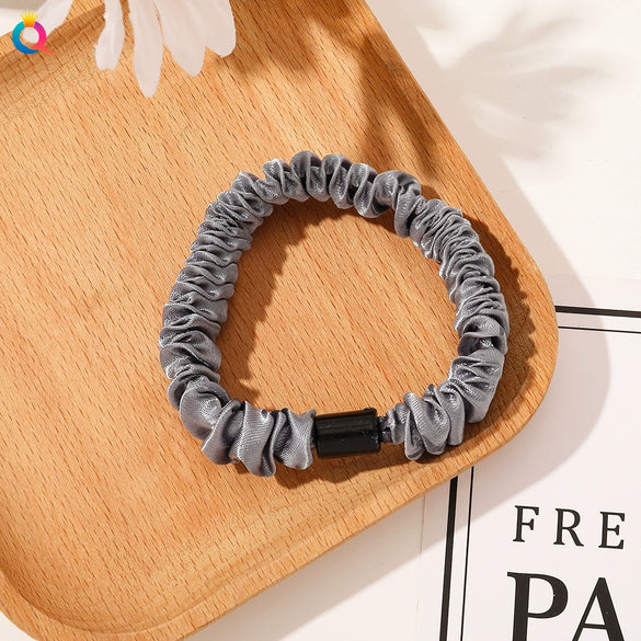 Handmade Pleated Fabric Scrunchie Ponytail Holder With Ball Detail For Women Solid Color Hair Tie
