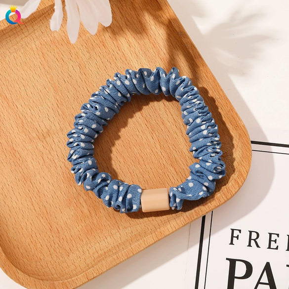 Handmade Pleated Fabric Scrunchie Ponytail Holder With Ball Detail For Women Solid Color Hair Tie