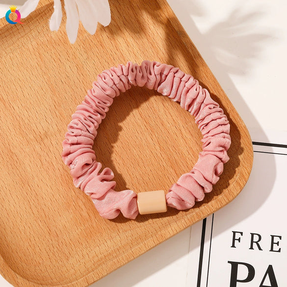 Handmade Pleated Fabric Scrunchie Ponytail Holder With Ball Detail For Women Solid Color Hair Tie