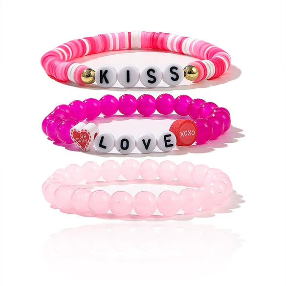 Handmade Polymer Clay Heart Bracelets For Girls With Letters Numbers Text Pattern As Valentine's Day Gifts