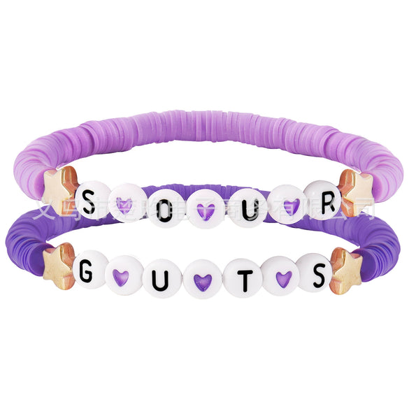 Handmade Polymer Clay Letter Bracelet Set Purple Text Pattern Fan Support Hand Jewelry For Women And Unisex