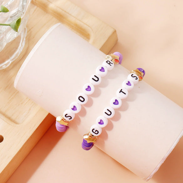 Handmade Polymer Clay Letter Bracelet Set Purple Text Pattern Fan Support Hand Jewelry For Women And Unisex