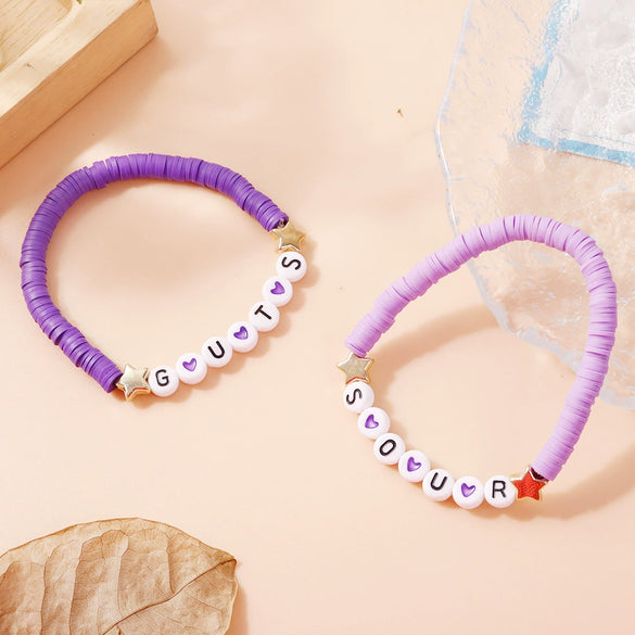 Handmade Polymer Clay Letter Bracelet Set Purple Text Pattern Fan Support Hand Jewelry For Women And Unisex