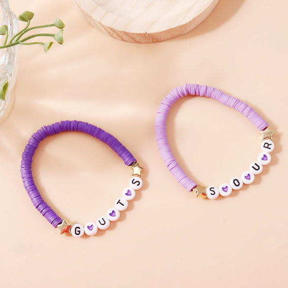 Handmade Polymer Clay Letter Bracelet Set Purple Text Pattern Fan Support Hand Jewelry For Women And Unisex