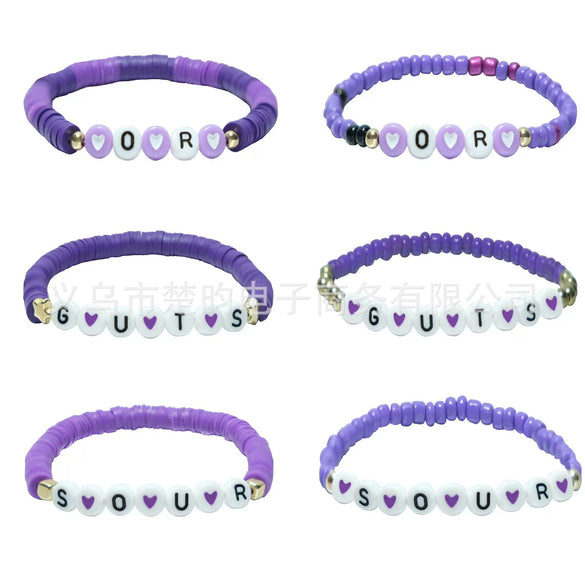 Handmade Polymer Clay Letter Bracelet Set Purple Text Pattern Fan Support Hand Jewelry For Women And Unisex