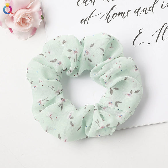Handmade Printed Chiffon Floral Scrunchie Hair Tie With High Elasticity Fabric Ponytail Holder