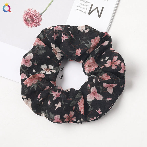 Handmade Printed Chiffon Floral Scrunchie Hair Tie With High Elasticity Fabric Ponytail Holder