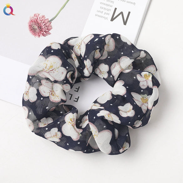Handmade Printed Chiffon Floral Scrunchie Hair Tie With High Elasticity Fabric Ponytail Holder
