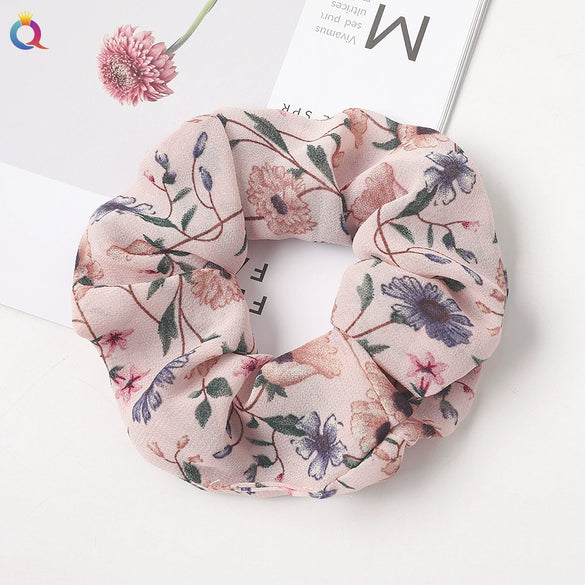 Handmade Printed Chiffon Floral Scrunchie Hair Tie With High Elasticity Fabric Ponytail Holder
