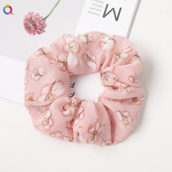 Handmade Printed Chiffon Floral Scrunchie Hair Tie With High Elasticity Fabric Ponytail Holder