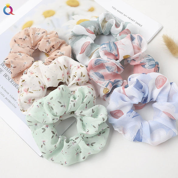 Handmade Printed Chiffon Floral Scrunchie Hair Tie With High Elasticity Fabric Ponytail Holder