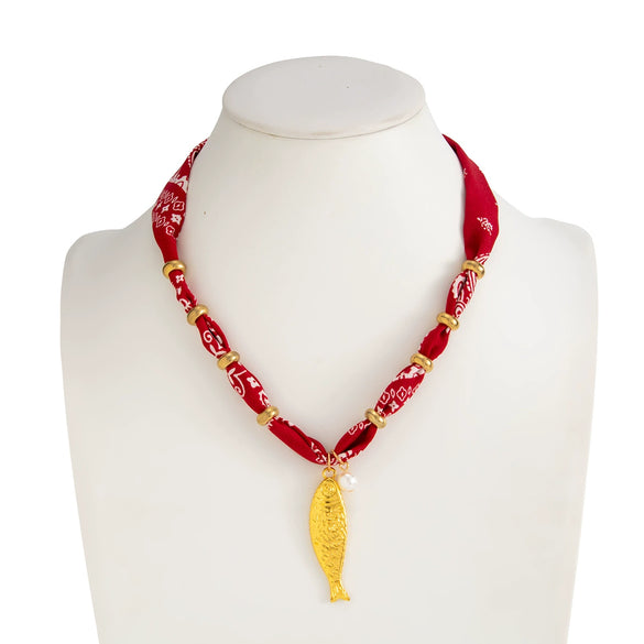 Handmade Printed Fabric Silk Scarf Necklace With Alloy Fish And Faux Pearl Pendant For Women