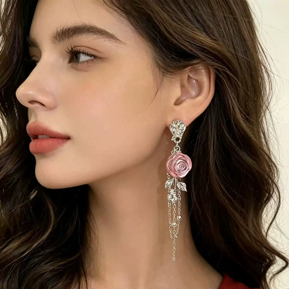 Handmade Resin Flower Tassel Earrings For Women Sweet Style Statement Earrings With Plastic Floral Design