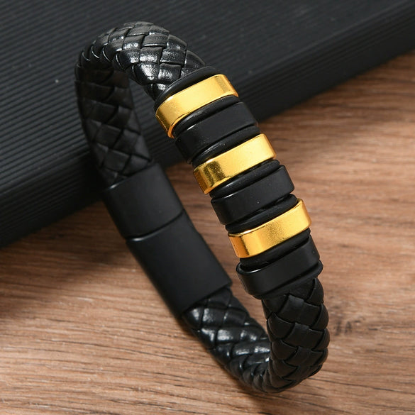 Handmade Retro Geometric Leather Alloy Magnetic Buckle Handwoven Bracelet For Men And Women