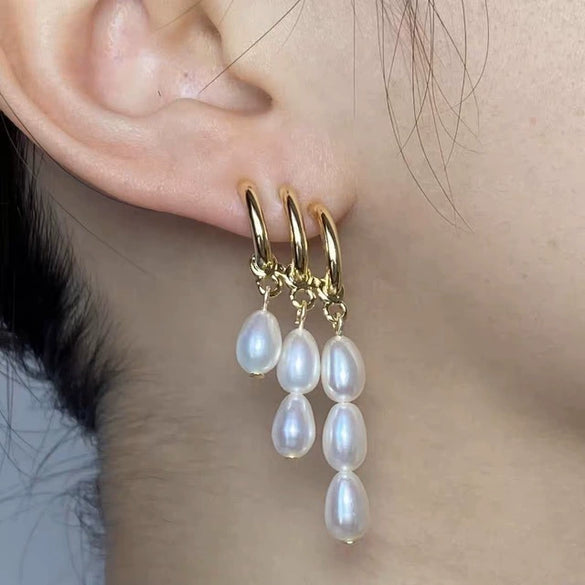 Handmade Retro Style Natural Freshwater Pearl Earrings 925 Silver Rice Shape And Droplet Shape
