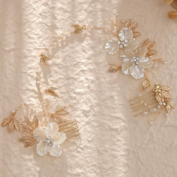 Handmade Rhinestone Bridal Hair Comb Pair With Shell Flower And Pearl Accents For Women