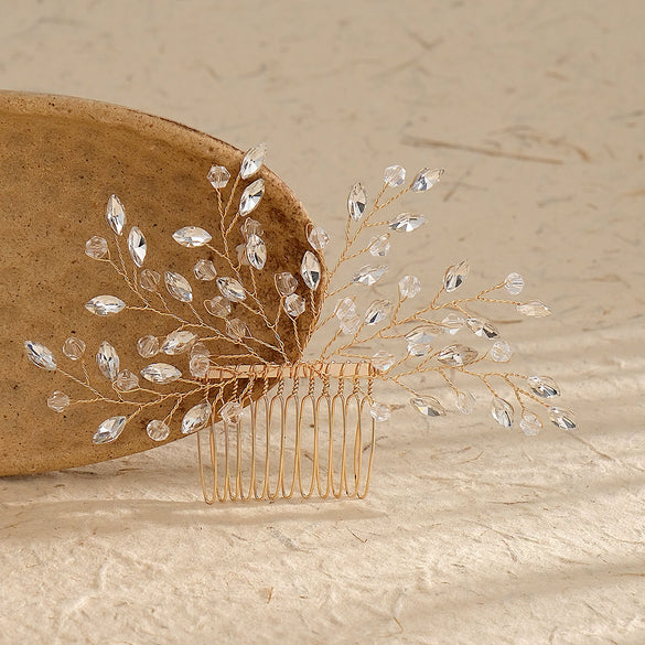 Handmade Rhinestone Bride Hair Comb With Rhombus Pattern And Electroplating Process