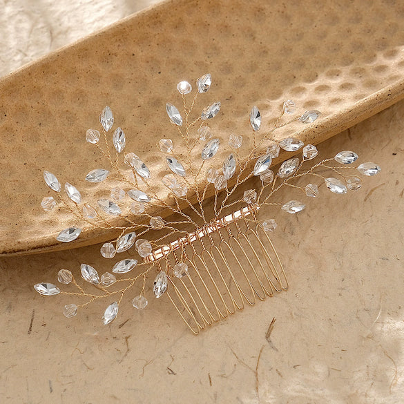 Handmade Rhinestone Bride Hair Comb With Rhombus Pattern And Electroplating Process