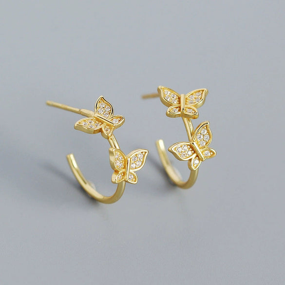 Handmade S925 Silver Cshaped Butterfly Earrings With Electroplating Animal Style