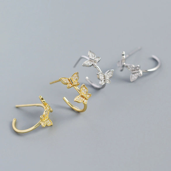 Handmade S925 Silver Cshaped Butterfly Earrings With Electroplating Animal Style