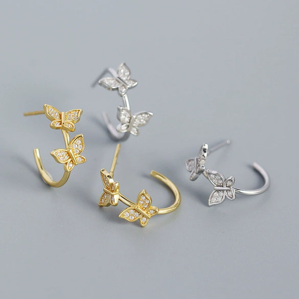 Handmade S925 Silver Cshaped Butterfly Earrings With Electroplating Animal Style