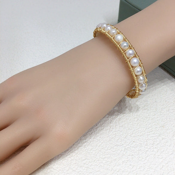 Handmade Silk Wrap Multibead Freshwater Pearl Bracelet With Copper Alloy And Gold Line For Women