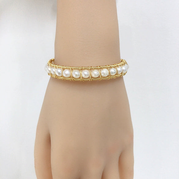 Handmade Silk Wrap Multibead Freshwater Pearl Bracelet With Copper Alloy And Gold Line For Women