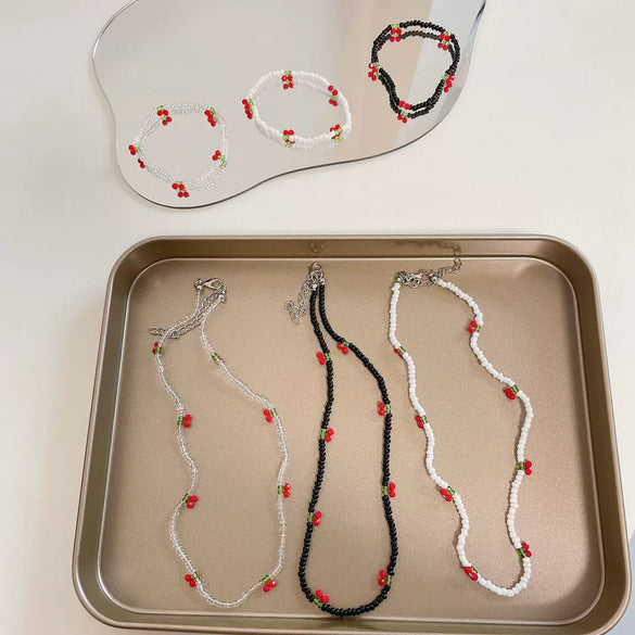 Handmade Small Fresh Cute Cherry Beaded Necklace And Bracelet With Artificial Crystal And Fruit Pattern For Women