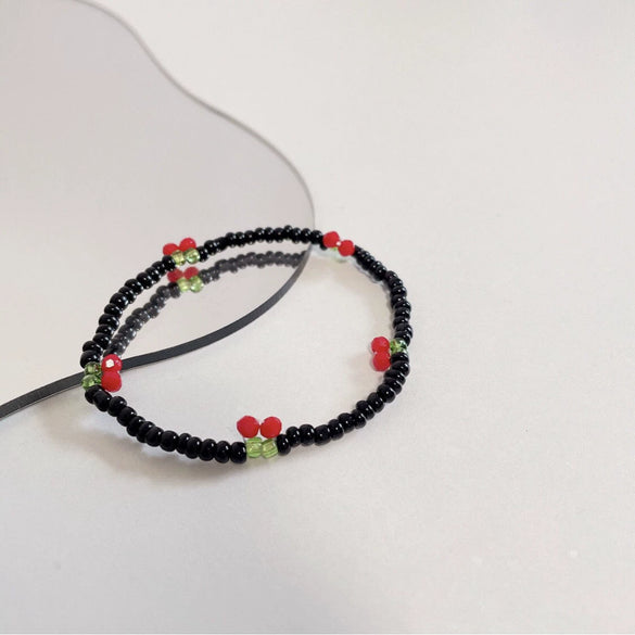 Handmade Small Fresh Cute Cherry Beaded Necklace And Bracelet With Artificial Crystal And Fruit Pattern For Women