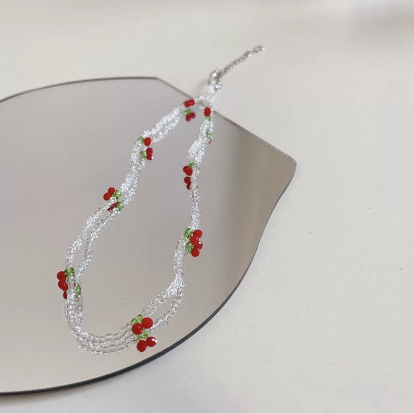 Handmade Small Fresh Cute Cherry Beaded Necklace And Bracelet With Artificial Crystal And Fruit Pattern For Women