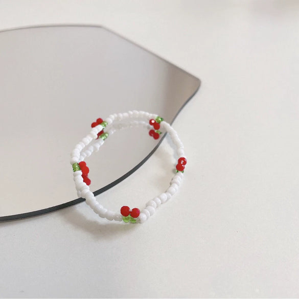 Handmade Small Fresh Cute Cherry Beaded Necklace And Bracelet With Artificial Crystal And Fruit Pattern For Women