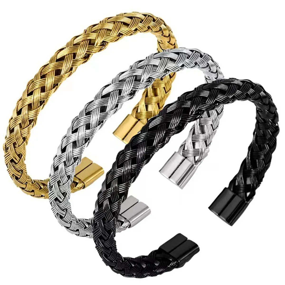 Handmade Solid Color Stripe Stainless Steel 18K Gold Plated Cuff Bracelets In Bulk