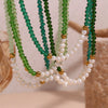 Handmade Stainless Steel And Fresh Water Pearl Necklace With Geometric Green Cut Crystal Pendant Electroplated For Women