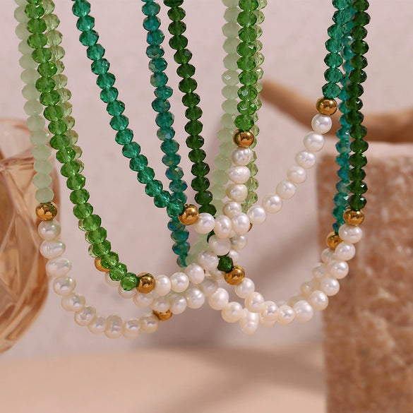 Handmade Stainless Steel And Fresh Water Pearl Necklace With Geometric Green Cut Crystal Pendant Electroplated For Women