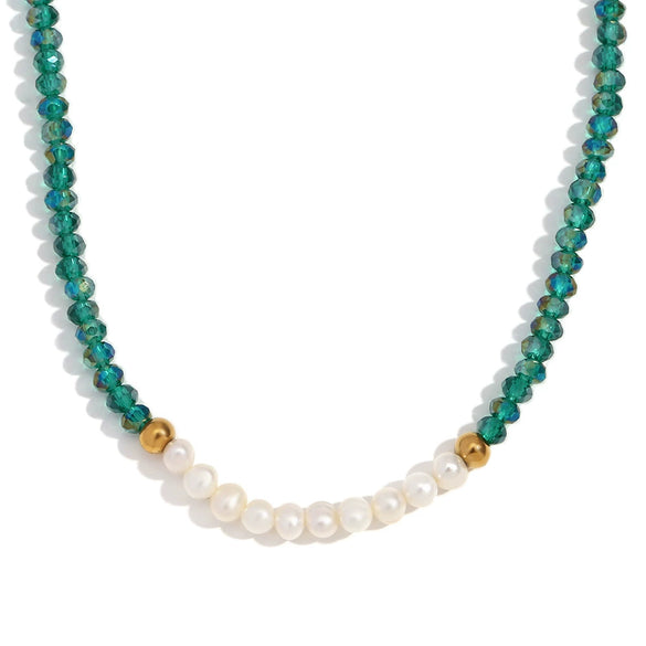 Handmade Stainless Steel And Fresh Water Pearl Necklace With Geometric Green Cut Crystal Pendant Electroplated For Women