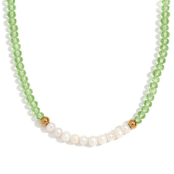 Handmade Stainless Steel And Fresh Water Pearl Necklace With Geometric Green Cut Crystal Pendant Electroplated For Women